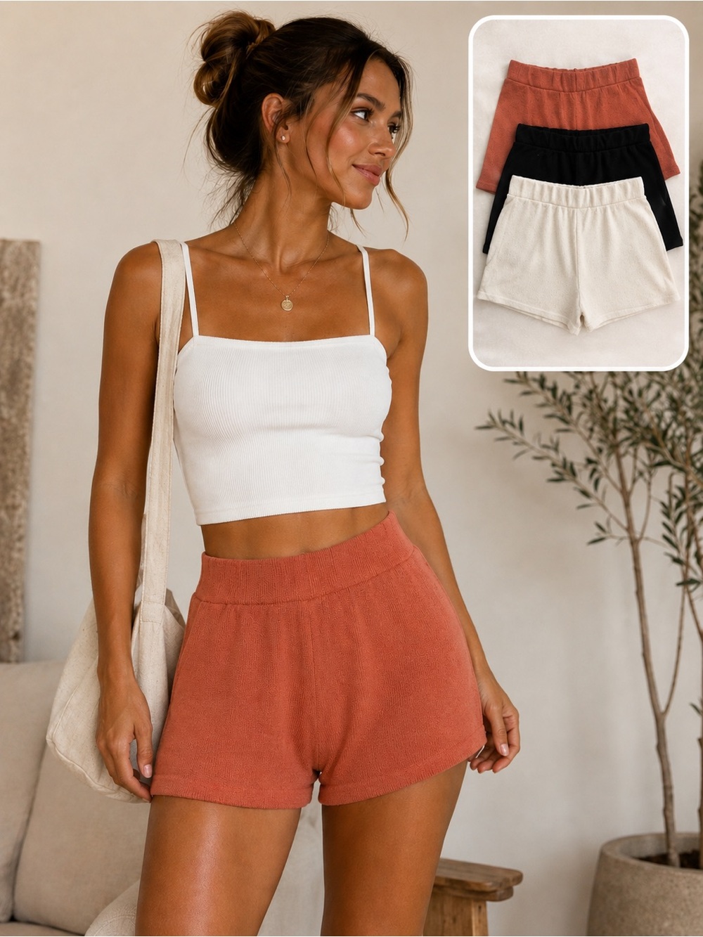3 H&M Medium Rib Knit Shorts Bundle Black Orange Cream Casual High Waist Shorts